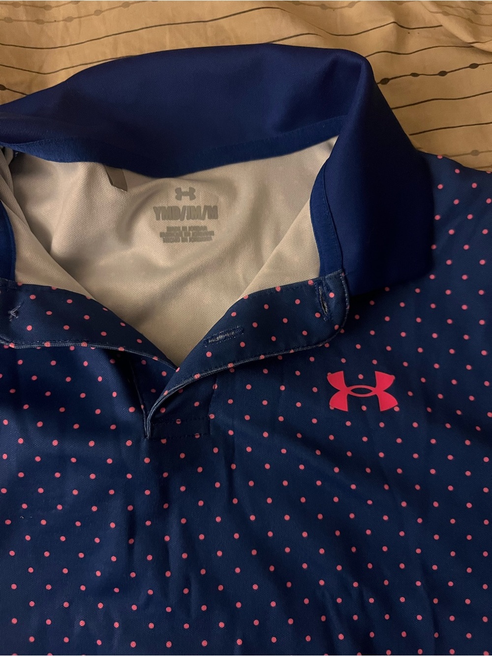 Under Armour blue Polo with Pink Polka Dots youth boys
